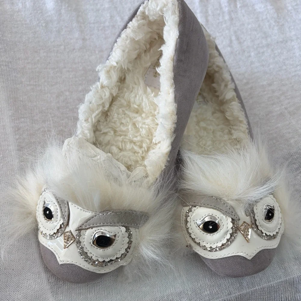 Kate Spade Owl Slippers Women Size 6 Gray Cream Faux Fur Sherpa Lined Whimsical